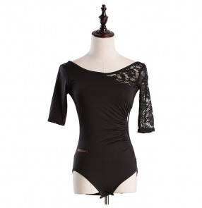Black lace patchwork hollow middle lace sleeves backless round neck women's ladies competition performance leotard  professional latin ballroom dance tops